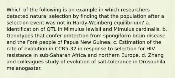 Which of the following is an example in which researchers detected natural selection by finding that the population after a selection event was not in Hardy-Weinberg equilibrium? a. Identification of QTL in Mimulus lewisii and Mimulus cardinalis. b. Genotypes that confer protection from spongiform brain disease and the Foré people of Papua New Guinea. c. Estimation of the rate of evolution in CCR5-32 in response to selection for HIV resistance in sub-Saharan Africa and northern Europe. d. Zhang and colleagues study of evolution of salt-tolerance in Drosophila melanogaster.