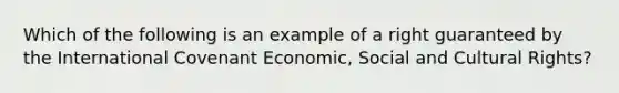 Which of the following is an example of a right guaranteed by the International Covenant Economic, Social and Cultural Rights?