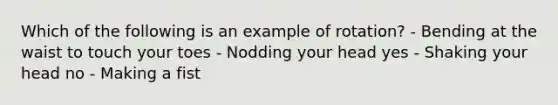 Which of the following is an example of rotation? - Bending at the waist to touch your toes - Nodding your head yes - Shaking your head no - Making a fist