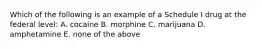 Which of the following is an example of a Schedule I drug at the federal level: A. cocaine B. morphine C. marijuana D. amphetamine E. none of the above