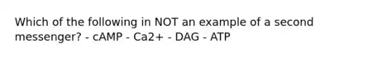 Which of the following in NOT an example of a second messenger? - cAMP - Ca2+ - DAG - ATP