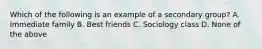 Which of the following is an example of a secondary group? A. Immediate family B. Best friends C. Sociology class D. None of the above