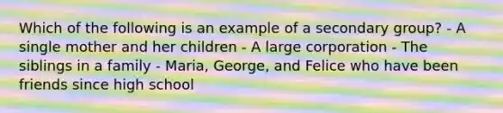 Which of the following is an example of a secondary group? - A single mother and her children - A large corporation - The siblings in a family - Maria, George, and Felice who have been friends since high school