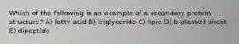 Which of the following is an example of a secondary protein structure? A) fatty acid B) triglyceride C) lipid D) b-pleated sheet E) dipeptide