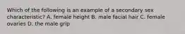 Which of the following is an example of a secondary sex characteristic? A. female height B. male facial hair C. female ovaries D. the male grip