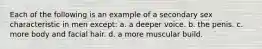 Each of the following is an example of a secondary sex characteristic in men except: a. a deeper voice. b. the penis. c. more body and facial hair. d. a more muscular build.