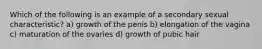 Which of the following is an example of a secondary sexual characteristic? a) growth of the penis b) elongation of the vagina c) maturation of the ovaries d) growth of pubic hair