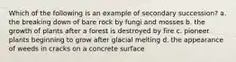 Which of the following is an example of secondary succession? a. the breaking down of bare rock by fungi and mosses b. the growth of plants after a forest is destroyed by fire c. pioneer plants beginning to grow after glacial melting d. the appearance of weeds in cracks on a concrete surface