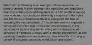 Which of the following is an example of how separation of powers creates friction between the executive and legislative branches in the policy-making process? A The electoral college vote ends with no candidate receiving a majority of the votes, and the House of Representatives is delegated the task of selecting the next president. B The Senate votes to impeach a sitting president for high crimes and misdemeanors. C The secretary of state is dispatched along with a delegation of senators to negotiate a treaty with a foreign government. D The president threatens to issue an executive order for stricter gun control if Congress continues to refuse to take action.