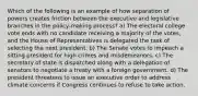 Which of the following is an example of how separation of powers creates friction between the executive and legislative branches in the policy-making process? a) The electoral college vote ends with no candidate receiving a majority of the votes, and the House of Representatives is delegated the task of selecting the next president. b) The Senate votes to impeach a sitting president for high crimes and misdemeanors. c) The secretary of state is dispatched along with a delegation of senators to negotiate a treaty with a foreign government. d) The president threatens to issue an executive order to address climate concerns if Congress continues to refuse to take action.