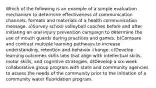 Which of the following is an example of a simple evaluation mechanism to determine effectiveness of communication channels, formats and materials of a health communication message. a)Survey school volleyball coaches before and after initiating an oral injury prevention campaign to determine the use of mouth guards during practices and games. b)Compare and contrast multiple learning pathways to increase understanding, retention and behavior change. c)Develop learning outcomes skills labs that align with intellectual skills, motor skills, and cognitive strategies. d)Develop a six-week collaborative group program with state and community agencies to assess the needs of the community prior to the initiation of a community water fluoridation program.