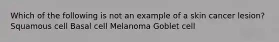 Which of the following is not an example of a skin cancer lesion? Squamous cell Basal cell Melanoma Goblet cell