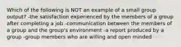 Which of the following is NOT an example of a small group output? -the satisfaction experienced by the members of a group after completing a job -communication between the members of a group and the group's environment -a report produced by a group -group members who are willing and open minded