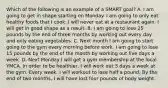 Which of the following is an example of a SMART goal? A. I am going to get in shape starting on Monday. I am going to only eat healthy foods that I cook. I will never eat at a restaurant again. I will get in good shape as a result. B. I am going to lose 25 pounds by the end of three months by working out every day and only eating vegetables. C. Next month I am going to start going to the gym every morning before work. I am going to lose 15 pounds by the end of the month by working out five days a week. D. Next Monday I will get a gym membership at the local YMCA. In order to be healthier, I will work out 3 days a week at the gym. Every week, I will workout to lose half a pound. By the end of two months, I will have lost four pounds of body weight.