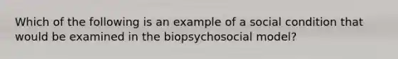 Which of the following is an example of a social condition that would be examined in the biopsychosocial model?