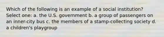 Which of the following is an example of a social institution? Select one: a. the U.S. government b. a group of passengers on an inner-city bus c. the members of a stamp-collecting society d. a children's playgroup