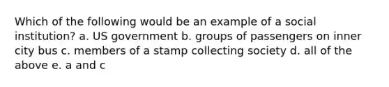 Which of the following would be an example of a social institution? a. US government b. groups of passengers on inner city bus c. members of a stamp collecting society d. all of the above e. a and c