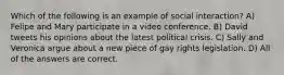 Which of the following is an example of social interaction? A) Felipe and Mary participate in a video conference. B) David tweets his opinions about the latest political crisis. C) Sally and Veronica argue about a new piece of gay rights legislation. D) All of the answers are correct.