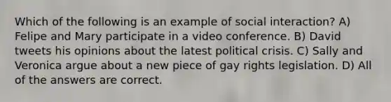 Which of the following is an example of social interaction? A) Felipe and Mary participate in a video conference. B) David tweets his opinions about the latest political crisis. C) Sally and Veronica argue about a new piece of gay rights legislation. D) All of the answers are correct.