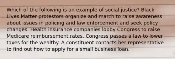 Which of the following is an example of social justice? Black Lives Matter protestors organize and march to raise awareness about issues in policing and law enforcement and seek policy changes. Health insurance companies lobby Congress to raise Medicare reimbursement rates. Congress passes a law to lower taxes for the wealthy. A constituent contacts her representative to find out how to apply for a small business loan.