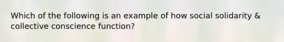 Which of the following is an example of how social solidarity & collective conscience function?