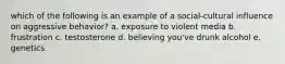 which of the following is an example of a social-cultural influence on aggressive behavior? a. exposure to violent media b. frustration c. testosterone d. believing you've drunk alcohol e. genetics
