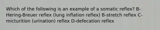 Which of the following is an example of a somatic reflex? B-Hering-Breuer reflex (lung inflation reflex) B-stretch reflex C-micturition (urination) reflex D-defecation reflex