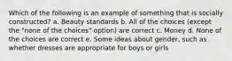 Which of the following is an example of something that is socially constructed? a. Beauty standards b. All of the choices (except the "none of the choices" option) are correct c. Money d. None of the choices are correct e. Some ideas about gender, such as whether dresses are appropriate for boys or girls