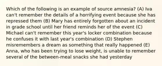 Which of the following is an example of source amnesia? (A) Iva can't remember the details of a horrifying event because she has repressed them (B) Mary has entirely forgotten about an incident in grade school until her friend reminds her of the event (C) Michael can't remember this year's locker combination because he confuses it with last year's combination (D) Stephen misremembers a dream as something that really happened (E) Anna, who has been trying to lose weight, is unable to remember several of the between-meal snacks she had yesterday