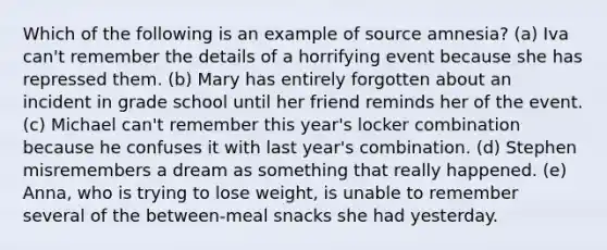 Which of the following is an example of source amnesia? (a) Iva can't remember the details of a horrifying event because she has repressed them. (b) Mary has entirely forgotten about an incident in grade school until her friend reminds her of the event. (c) Michael can't remember this year's locker combination because he confuses it with last year's combination. (d) Stephen misremembers a dream as something that really happened. (e) Anna, who is trying to lose weight, is unable to remember several of the between-meal snacks she had yesterday.