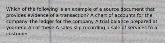 Which of the following is an example of a source document that provides evidence of a transaction? A chart of accounts for the company The ledger for the company A trial balance prepared at year-end All of these A sales slip recording a sale of services to a customer