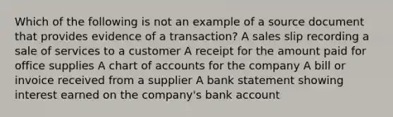 Which of the following is not an example of a source document that provides evidence of a transaction? A sales slip recording a sale of services to a customer A receipt for the amount paid for office supplies A chart of accounts for the company A bill or invoice received from a supplier A bank statement showing interest earned on the company's bank account