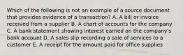 Which of the following is not an example of a source document that provides evidence of a transaction? A. A bill or invoice received from a supplier B. A chart of accounts for the company C. A bank statement showing interest earned on the company's bank account D. A sales slip recording a sale of services to a customer E. A receipt for the amount paid for office supplies