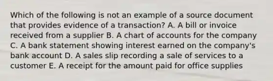 Which of the following is not an example of a source document that provides evidence of a transaction? A. A bill or invoice received from a supplier B. A chart of accounts for the company C. A bank statement showing interest earned on the company's bank account D. A sales slip recording a sale of services to a customer E. A receipt for the amount paid for office supplies