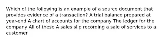 Which of the following is an example of a source document that provides evidence of a transaction? A trial balance prepared at year-end A chart of accounts for the company The ledger for the company All of these A sales slip recording a sale of services to a customer