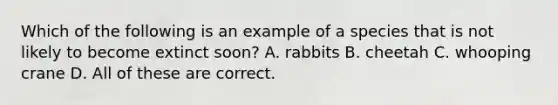 Which of the following is an example of a species that is not likely to become extinct soon? A. rabbits B. cheetah C. whooping crane D. All of these are correct.