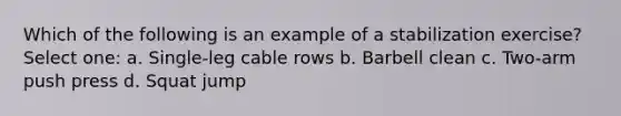 Which of the following is an example of a stabilization exercise? Select one: a. Single-leg cable rows b. Barbell clean c. Two-arm push press d. Squat jump