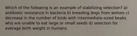 Which of the following is an example of stabilizing selection? a) antibiotic resistance in bacteria b) breeding dogs from wolves c) decrease in the number of birds with intermediate-sized beaks who are unable to eat large or small seeds d) selection for average birth weight in humans