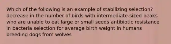 Which of the following is an example of stabilizing selection? decrease in the number of birds with intermediate-sized beaks who are unable to eat large or small seeds antibiotic resistance in bacteria selection for average birth weight in humans breeding dogs from wolves