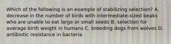 Which of the following is an example of stabilizing selection? A. decrease in the number of birds with intermediate-sized beaks who are unable to eat large or small seeds B. selection for average birth weight in humans C. breeding dogs from wolves D. antibiotic resistance in bacteria