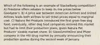 Which of the following is an example of Stackelberg competition? A) Firestone offers rebates to keep its tire prices below Goodyear's. B) A price war between American Airlines and United Airlines leads both airlines to set ticket prices equal to marginal cost. C) Natura Pet Products introduced the first grain-free dog food; eventually, other dog food companies entered this market but had to limit their production plans, given Natura Pet Products' sizable market share. D) GlaxoSmithKline and Pfizer compete in the HIV drug market by annually announcing their production quotas during the second week of January.