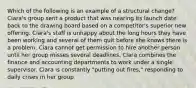 Which of the following is an example of a structural change? Ciara's group sent a product that was nearing its launch date back to the drawing board based on a competitor's superior new offering. Ciara's staff is unhappy about the long hours they have been working and several of them quit before she knows there is a problem. Ciara cannot get permission to hire another person until her group misses several deadlines. Ciara combines the finance and accounting departments to work under a single supervisor. Ciara is constantly "putting out fires," responding to daily crises in her group