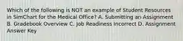 Which of the following is NOT an example of Student Resources in SimChart for the Medical Office? A. Submitting an Assignment B. Gradebook Overview C. Job Readiness Incorrect D. Assignment Answer Key