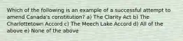 Which of the following is an example of a successful attempt to amend Canada's constitution? a) The Clarity Act b) The Charlottetown Accord c) The Meech Lake Accord d) All of the above e) None of the above