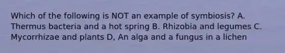 Which of the following is NOT an example of symbiosis? A. Thermus bacteria and a hot spring B. Rhizobia and legumes C. Mycorrhizae and plants D, An alga and a fungus in a lichen