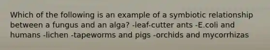 Which of the following is an example of a symbiotic relationship between a fungus and an alga? -leaf-cutter ants -E.coli and humans -lichen -tapeworms and pigs -orchids and mycorrhizas