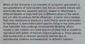 Which of the following is an example of sympatric speciation? a. two populations of salamanders that live on isolated islands and eventually become separate species, unable to interbreed b. different breeds of dogs that live in different areas of the world but are able to produce fertile offspring c. a horse and a donkey that may interbreed to produce a mule that is sterile and unable to reproduce d. two related plant species living in the same area that hybridize, then undergo chromosome doubling, which results in the creation of a third species of plant that is unable to reproduce with either of the two original species e. three species that evolve from a common ancestral species due to reproductive isolation and adaptation to different habitats