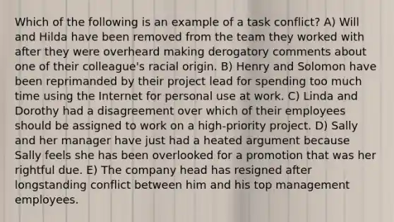 Which of the following is an example of a task conflict? A) Will and Hilda have been removed from the team they worked with after they were overheard making derogatory comments about one of their colleague's racial origin. B) Henry and Solomon have been reprimanded by their project lead for spending too much time using the Internet for personal use at work. C) Linda and Dorothy had a disagreement over which of their employees should be assigned to work on a high-priority project. D) Sally and her manager have just had a heated argument because Sally feels she has been overlooked for a promotion that was her rightful due. E) The company head has resigned after longstanding conflict between him and his top management employees.