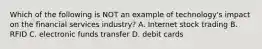 Which of the following is NOT an example of​ technology's impact on the financial services​ industry? A. Internet stock trading B. RFID C. electronic funds transfer D. debit cards