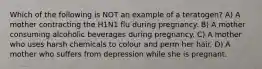 Which of the following is NOT an example of a teratogen? A) A mother contracting the H1N1 flu during pregnancy. B) A mother consuming alcoholic beverages during pregnancy. C) A mother who uses harsh chemicals to colour and perm her hair. D) A mother who suffers from depression while she is pregnant.